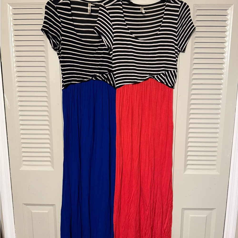 Espresso Black and White Striped blocked blue or coral dress